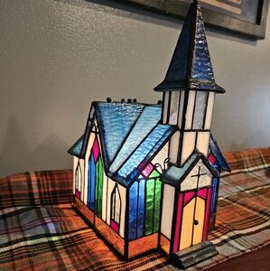 Vintage Stained Glass Light Lamp Church Christmas Tiffany Style Village